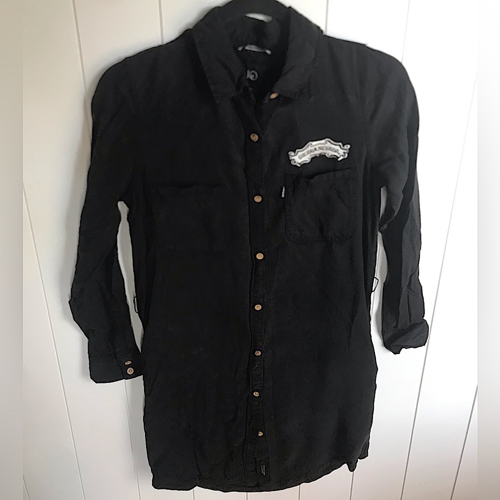 Black denim button down dress, Sierra, Nevada patch,XS black denim dress pockets